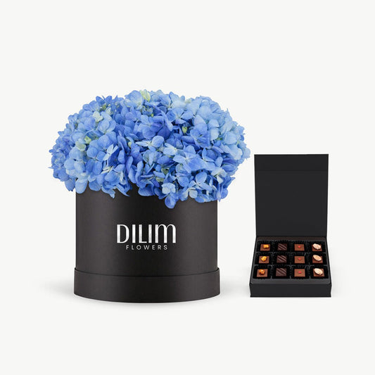 Blue Hydrangea Box with chocolate