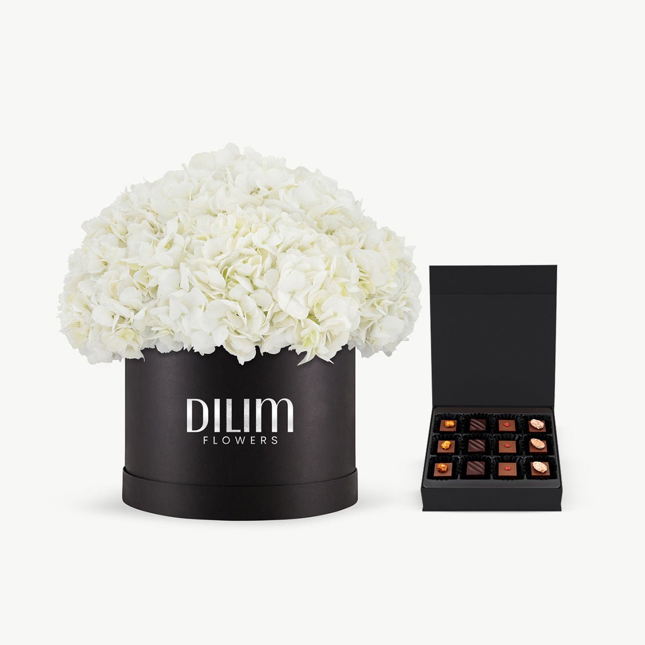 White  Hydrangea Box with chocolate