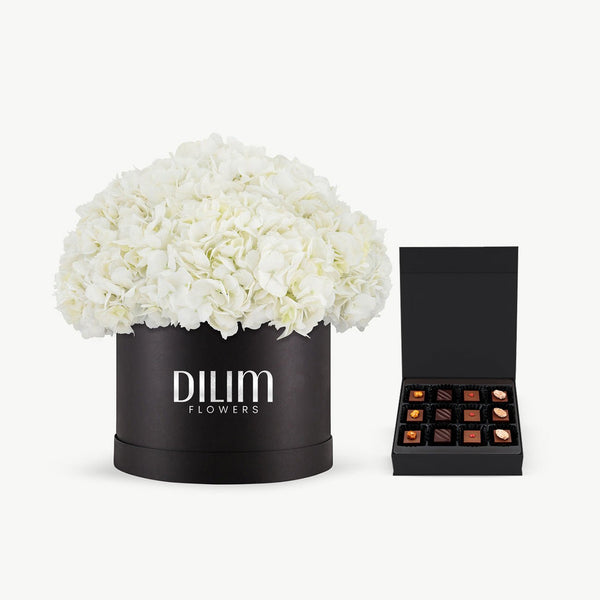 White  Hydrangea Box with chocolate
