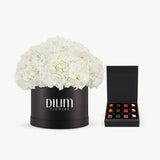 White  Hydrangea Box with chocolate