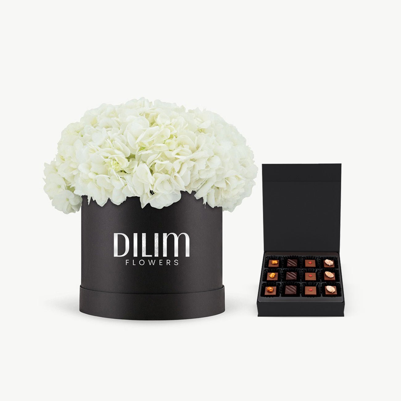 White  Hydrangea Box with chocolate
